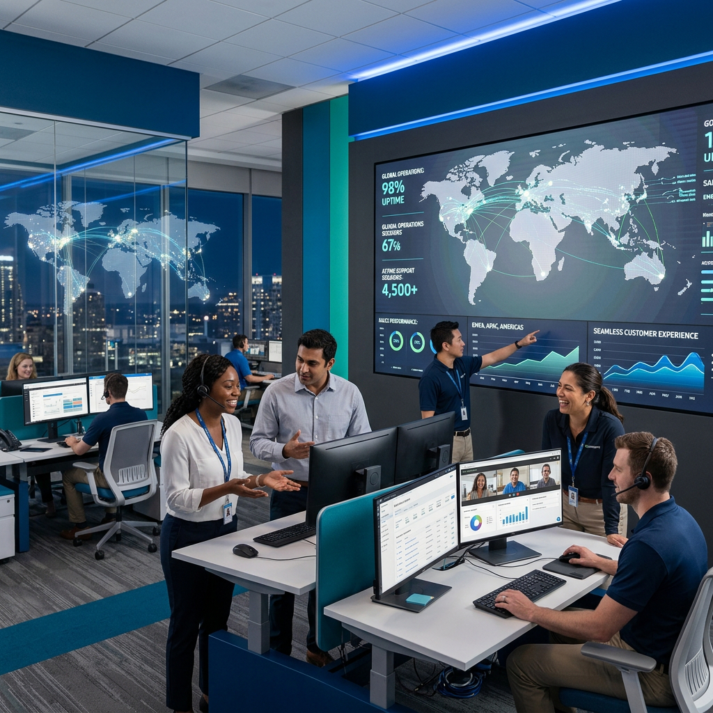 Customer service team analyzing global performance metrics on large display screens in a modern operations command center.