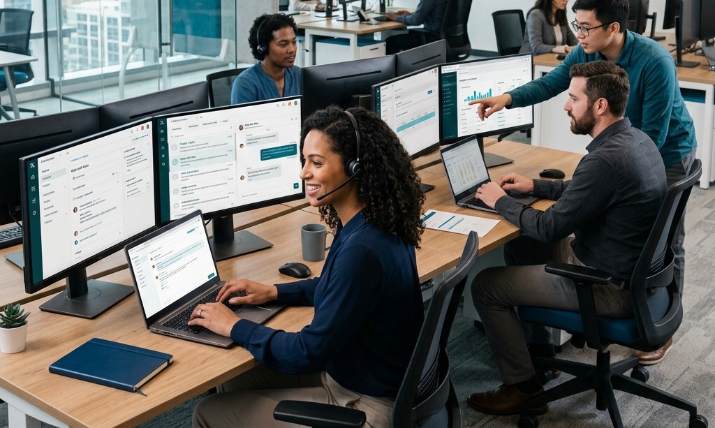 Customer support agents wearing headsets working on multi-monitor workstations in a modern call center office environment.