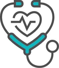 Teal stethoscope forming a heart with heartbeat line, representing healthcare fulfillment services, print on demand materials, customer care, data cleansing, inventory optimization, and product fulfillment in support of BCBS wellness campaigns, retention marketing, acquisition marketing, and full service health solutions.