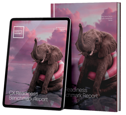 Harte Hanks CX Readiness Benchmark Report cover displayed on tablet and hardcover book featuring an elephant in a life preserver.